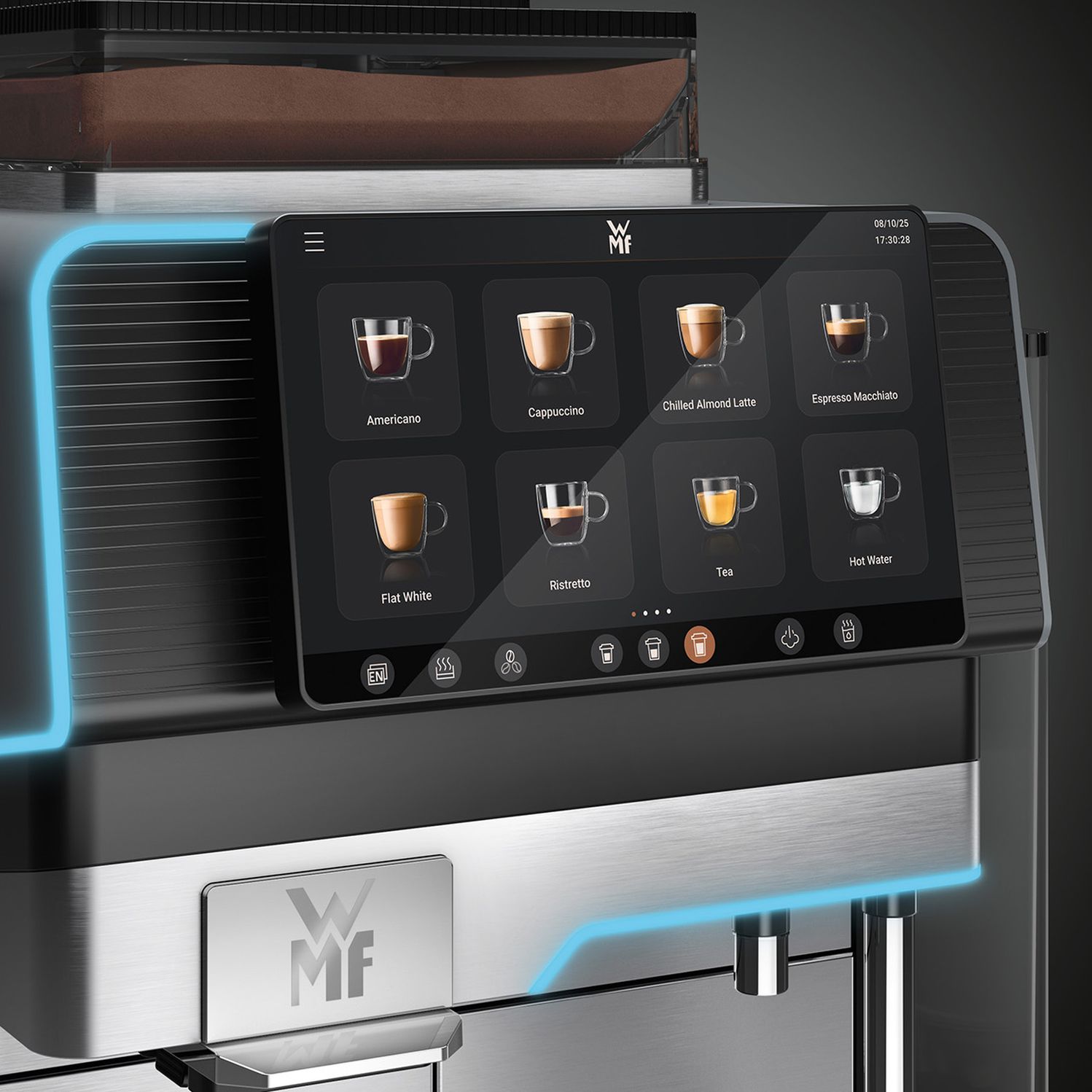 WMF Elevation 10 professional coffee machine close up with 7 inch Display