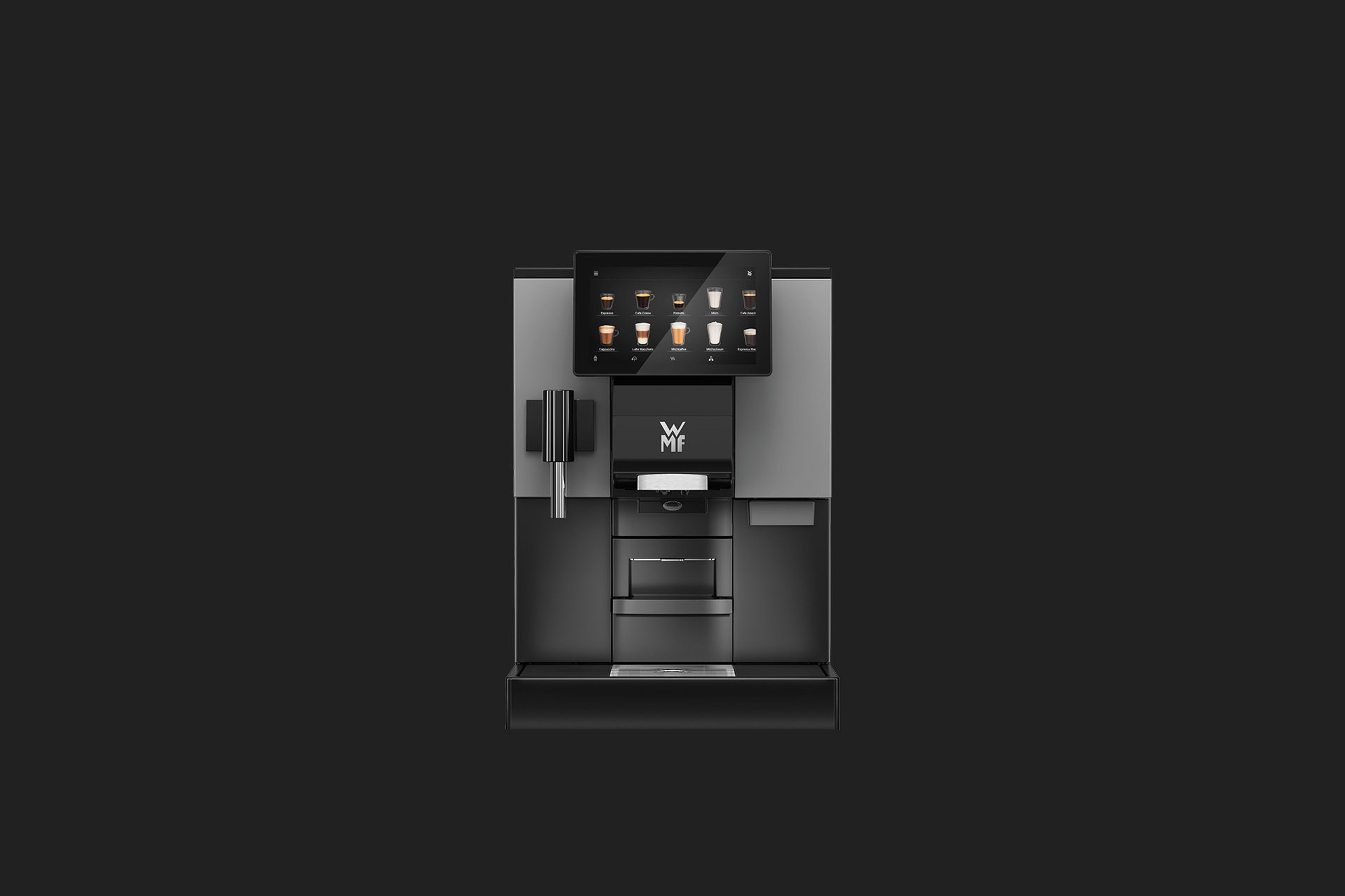 WMF Peak 50 Vollautomatische Kaffeemaschine auf grauem Hintergrund