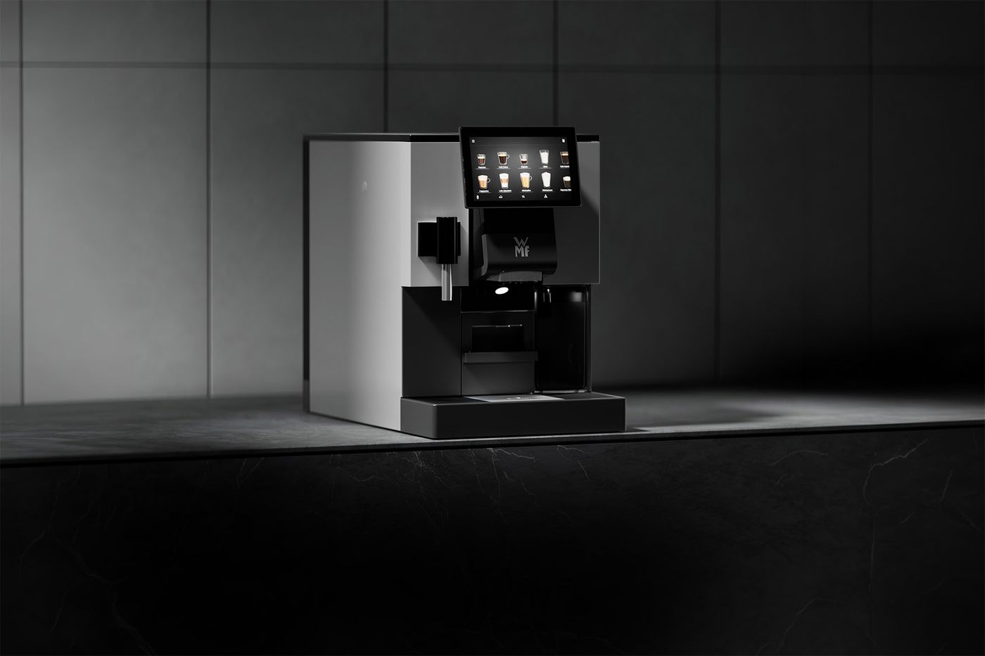 Kaffeevollautomat WMF Peak 50 auf einer dunklen Theke