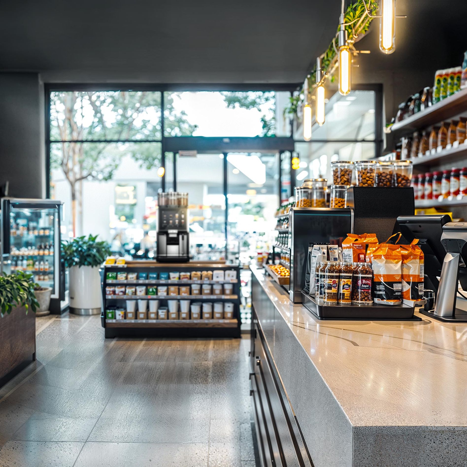 Counter with coffee machine in a convenience store