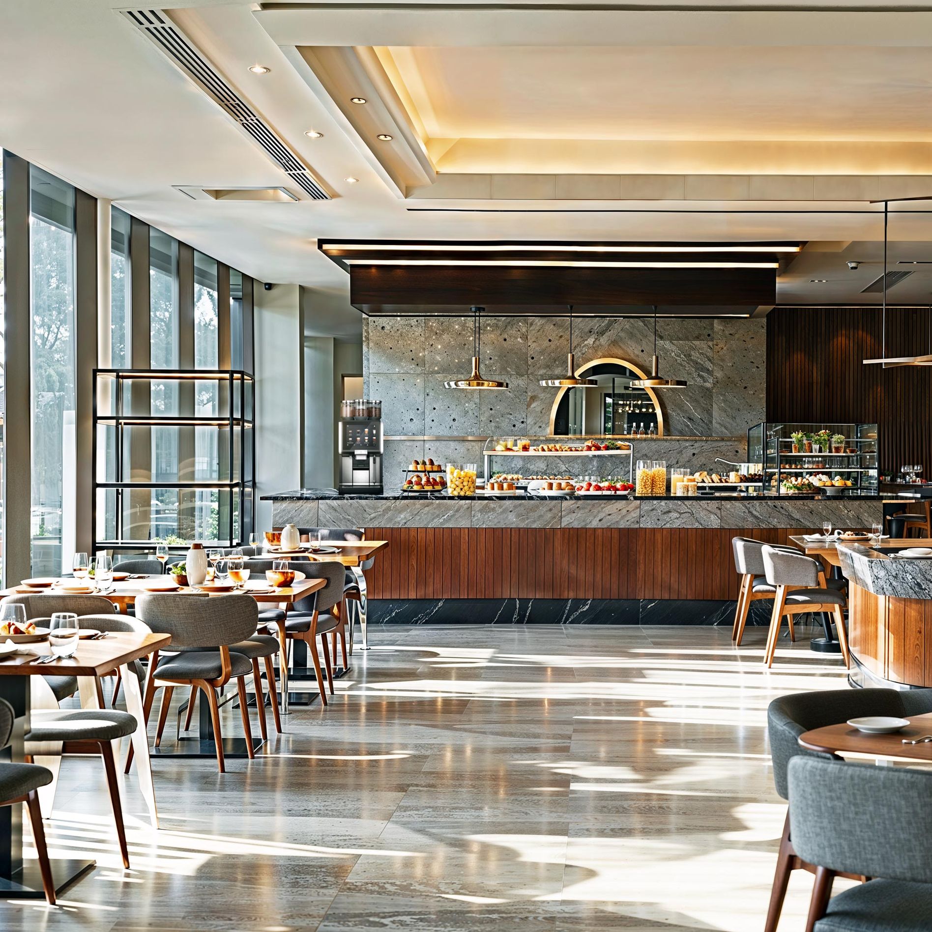 Hotel reastaurant with breakfast buffet