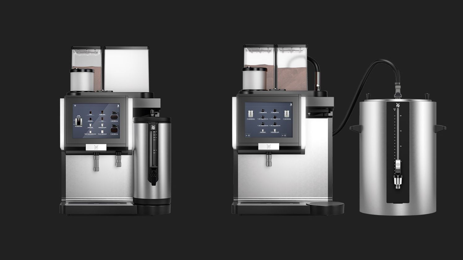 WMF 9000F filter coffee machine with internal and external storage on grey background