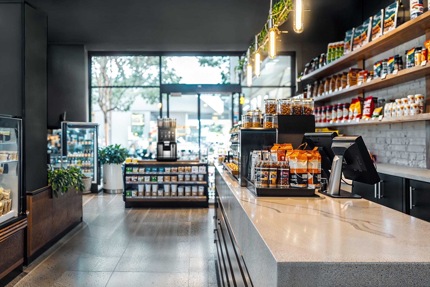 Convenience store cashier with coffee machine