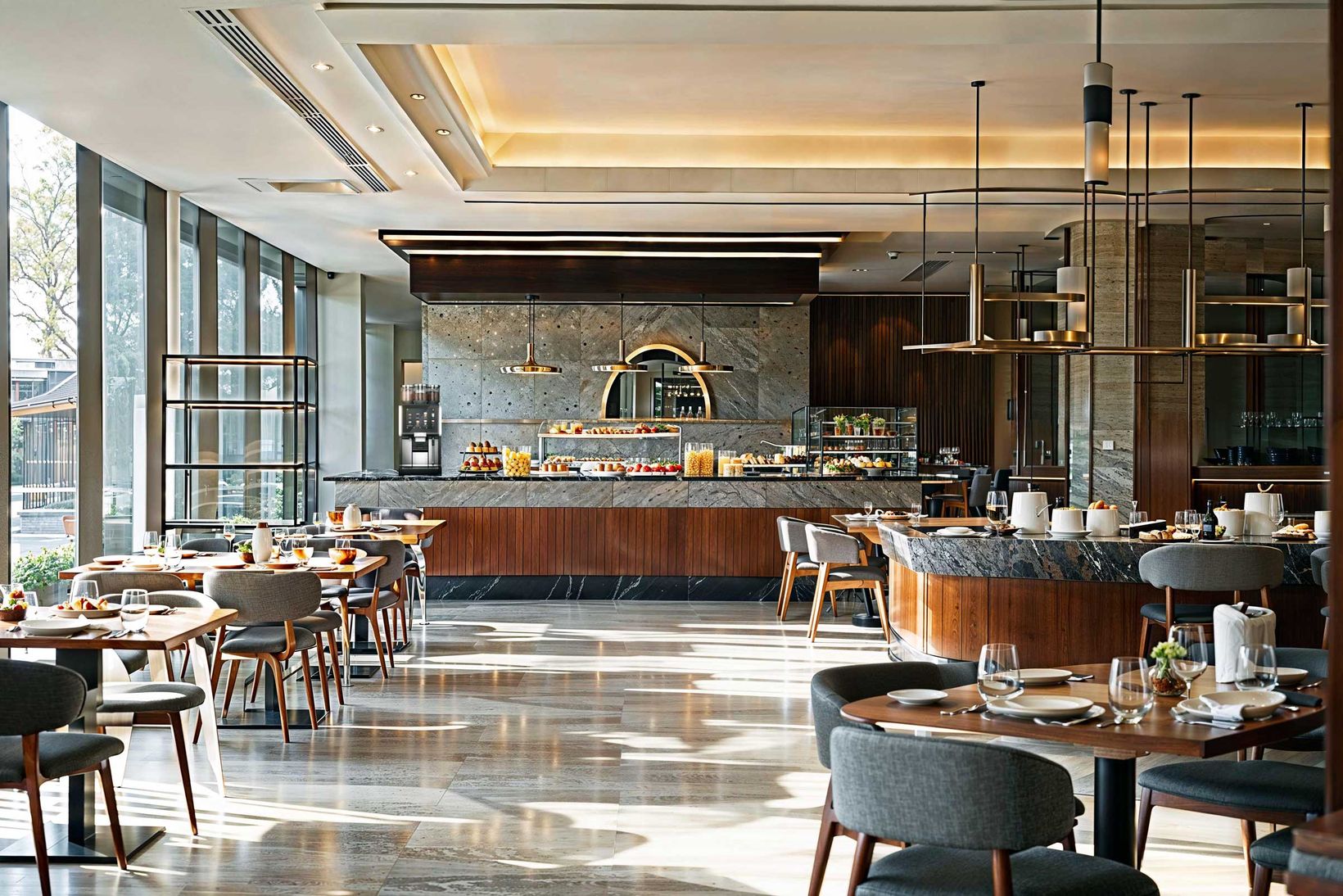 Hotel reastaurant with breakfast buffet