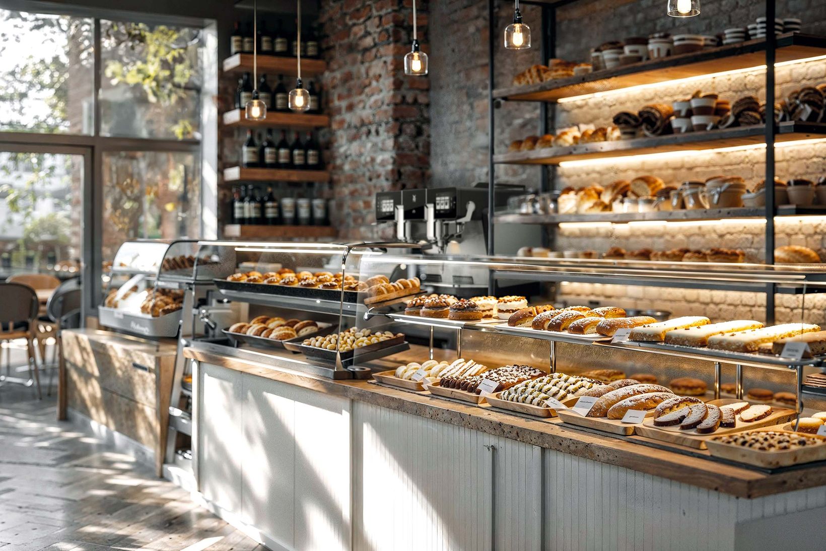 Counter in a bakery with espresso machine in background